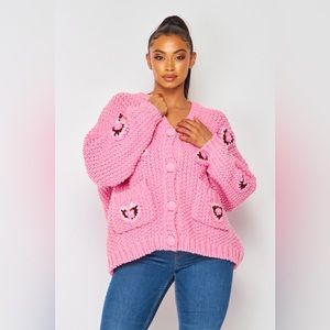 🎀New Camila Floral Heart Chunky Knit Cardigan Sweater S/M Oversize 🎀🎀